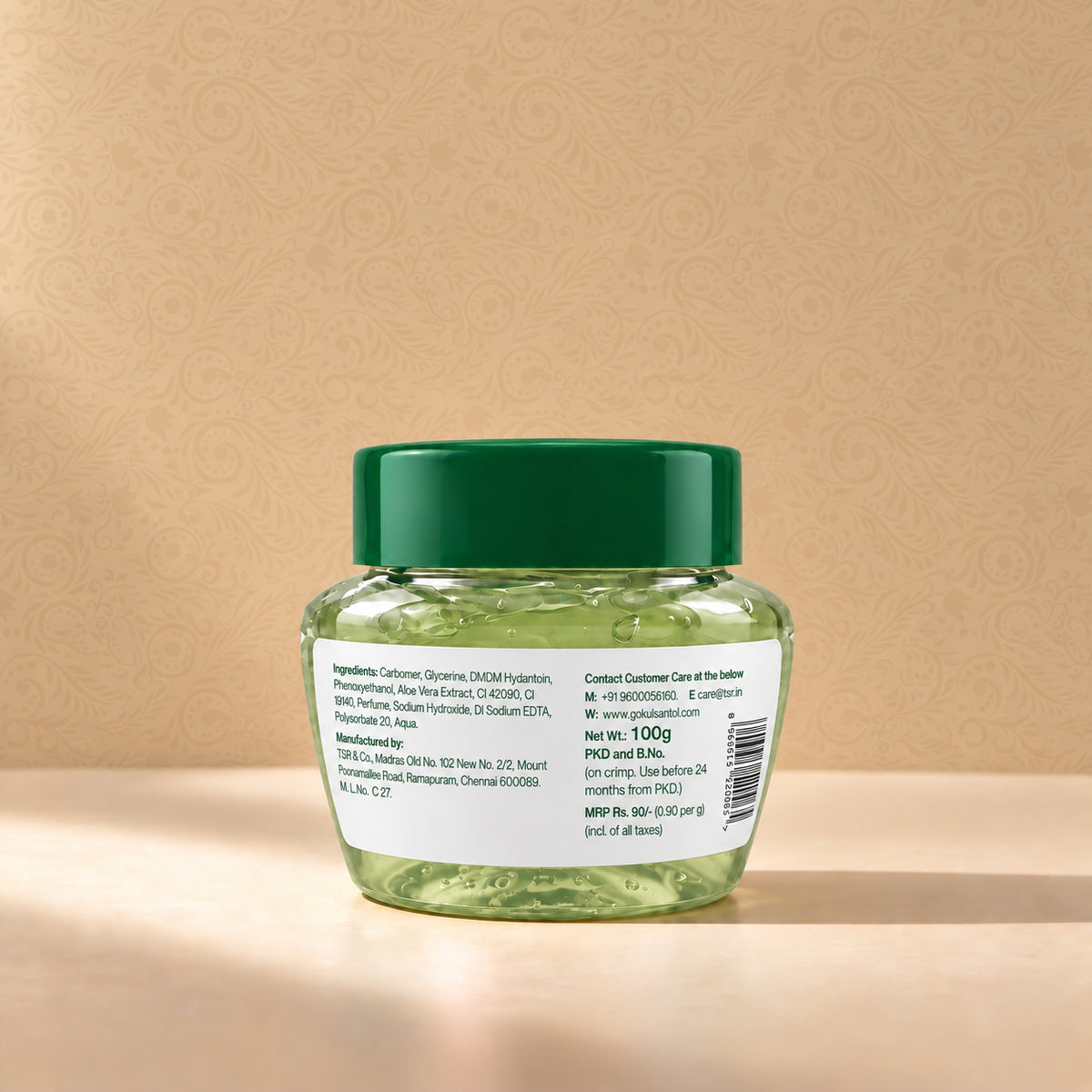 Gokul Aloe Vera Moisturising Gel 100 g – back packaging with ingredients and product details