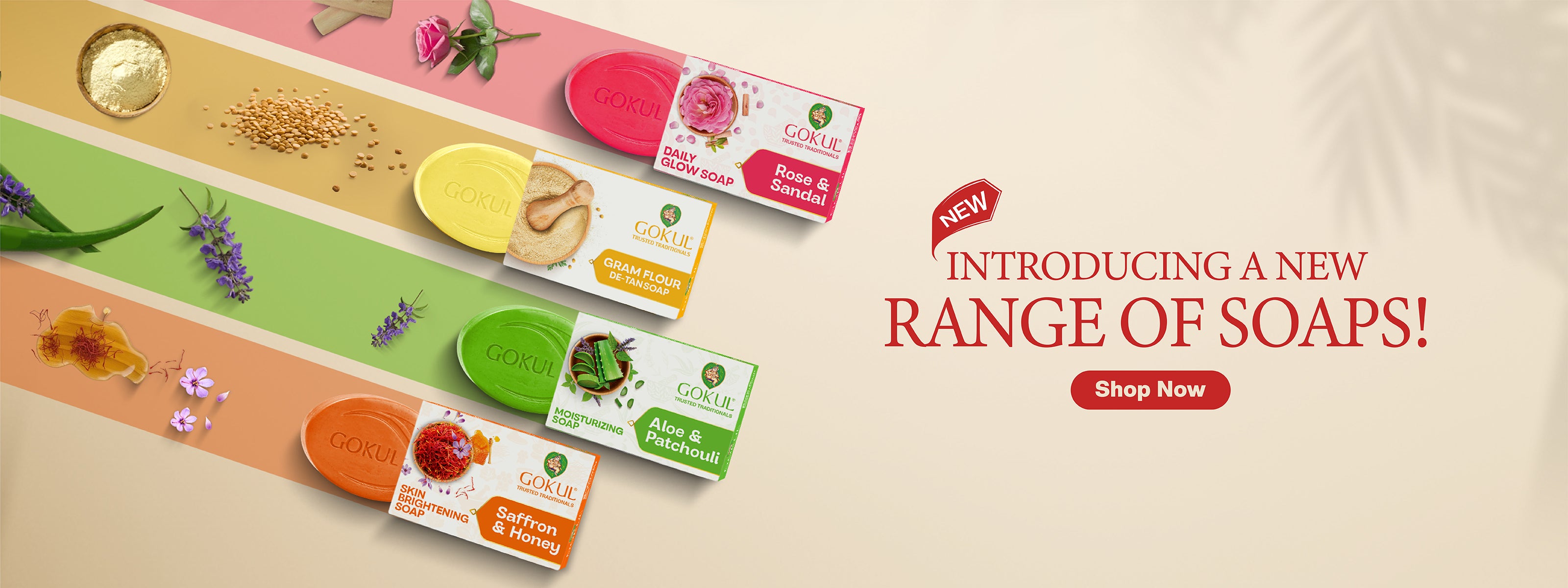 Introducing a new range of soaps with packaging and text on a beige background.